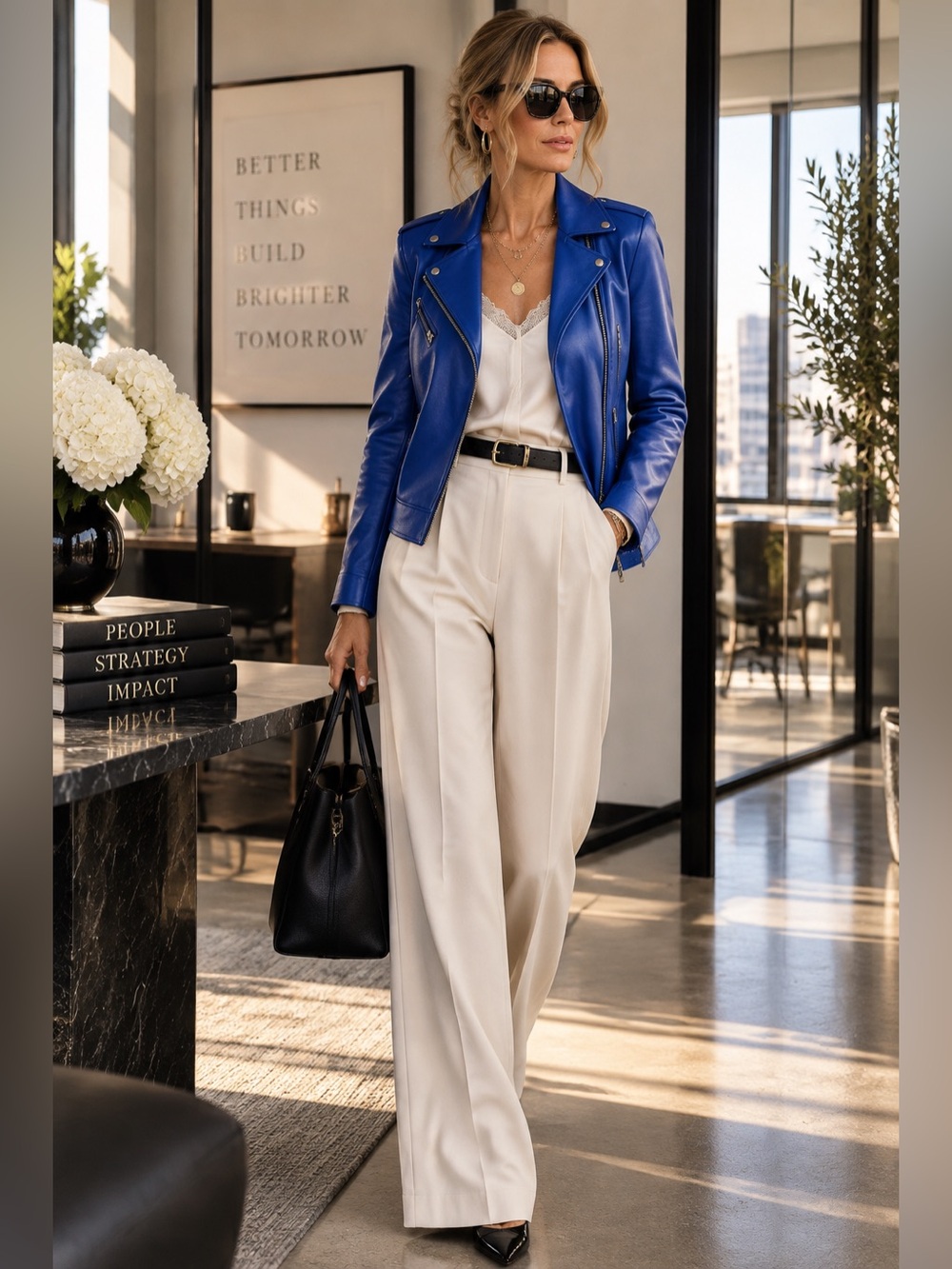 L'AGENCE Pacific Blue Leather Billie Biker Jacket